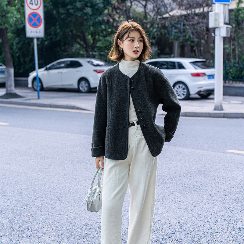 圆领小香风双面羊绒大衣羊毛2025年秋冬女短款单排扣气质外套