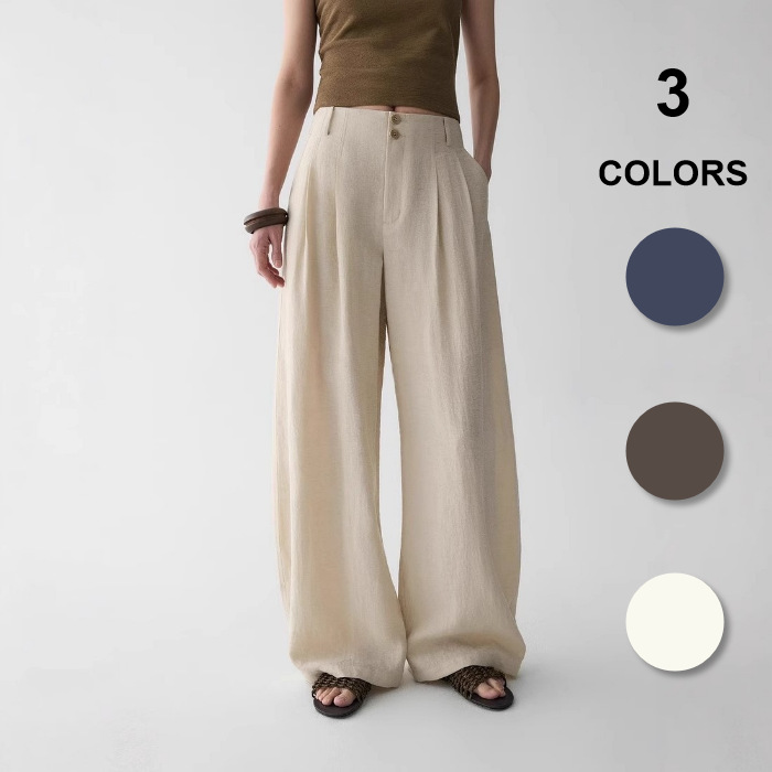 亚麻棉薄款无腰头长裤子女直筒阔腿裤中高端广州十三行南油四季青