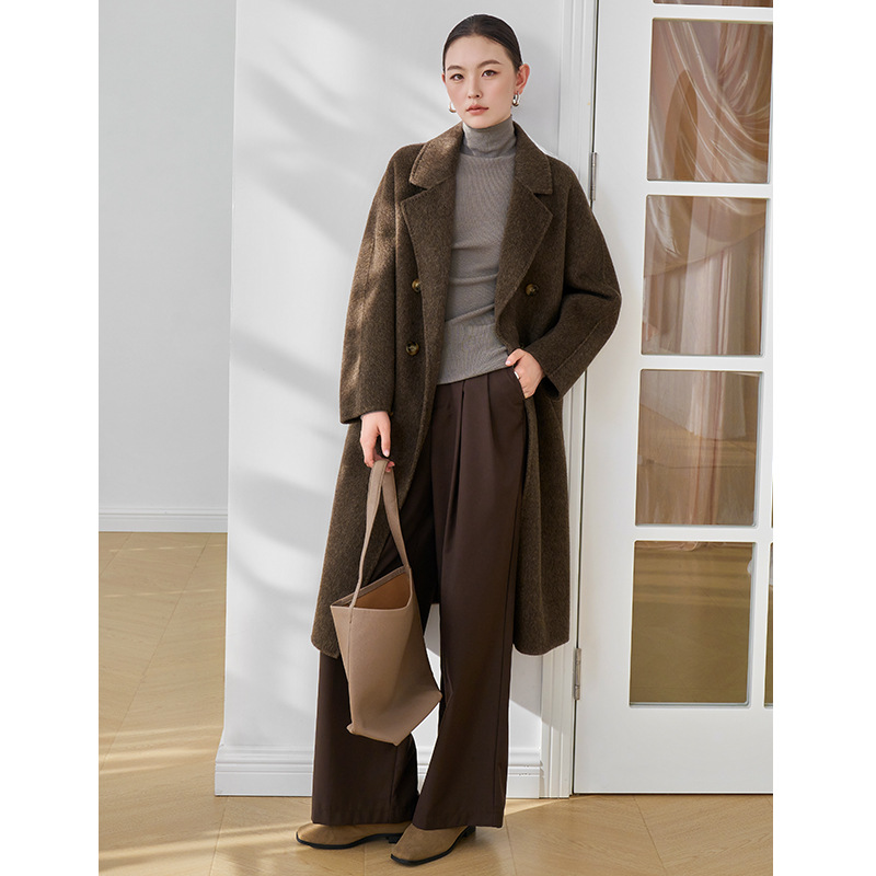 荣太【摩登女郎】骆驼绒双面羊毛呢大衣女冬新款手工缝制长款外套