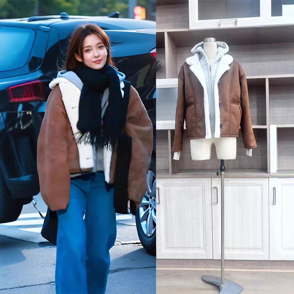 现货赵露丝同款皮毛一体外套女羊羔毛短款小个子韩版毛绒环保皮草